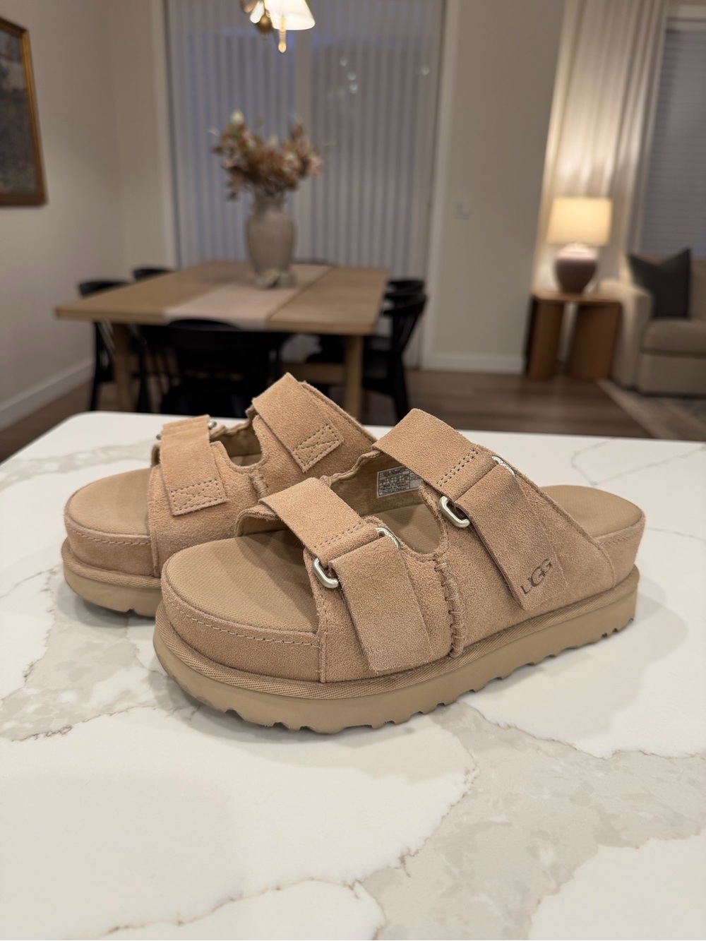 UGG Kids Tan Suede Double-Strap Platform Sandals